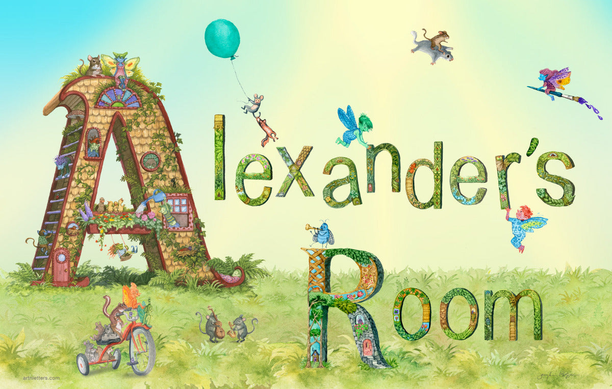 Illustration of a children's room with a large letter 'A' and the text 'Alexander's Room'.