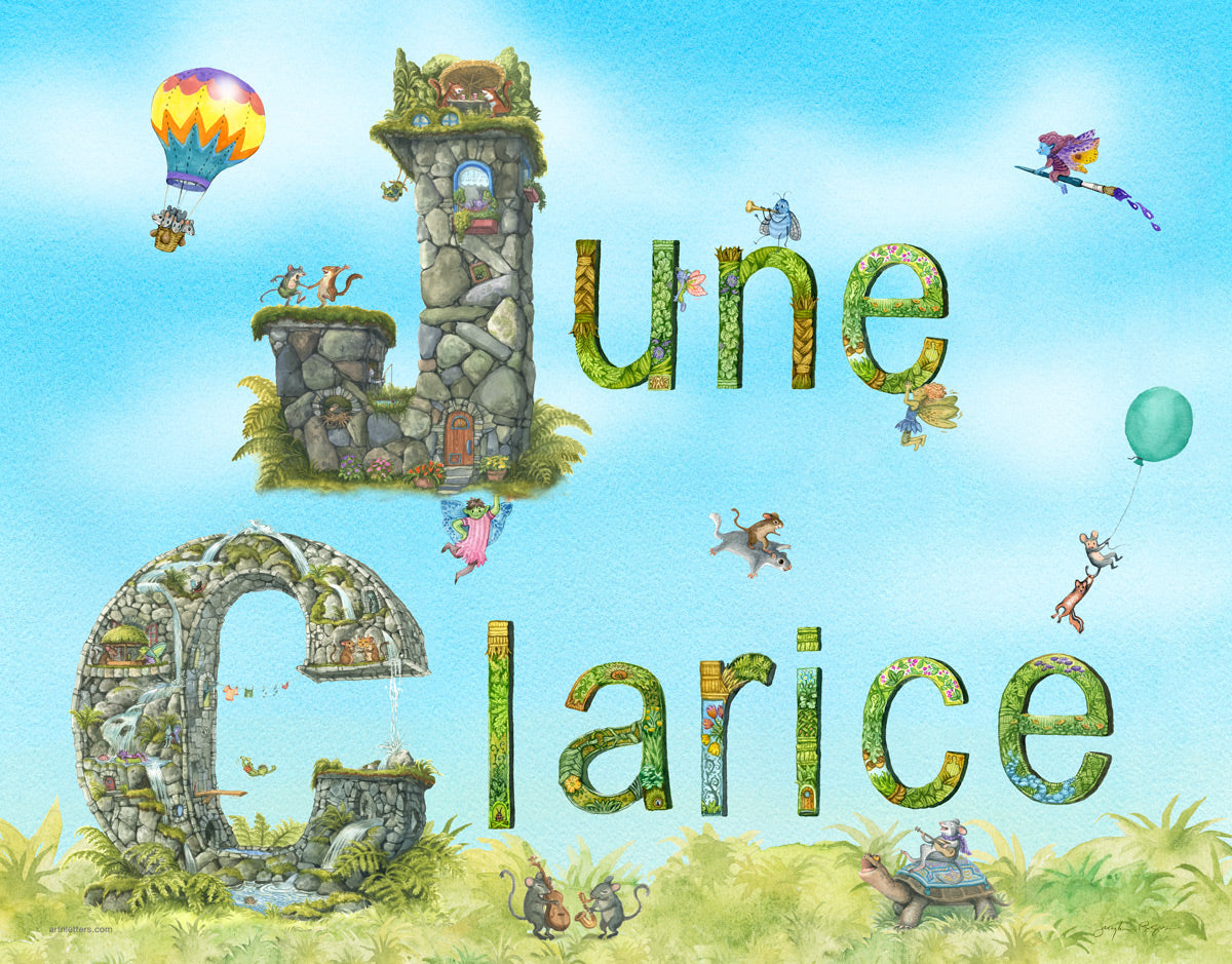 Fantasy illustration with 'June Clarice' text, colorful characters, and a castle-like structure against a blue sky.