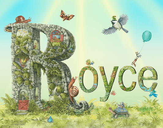 Decorative name 'Royce' with cartoon elements on a sun rays light blue background