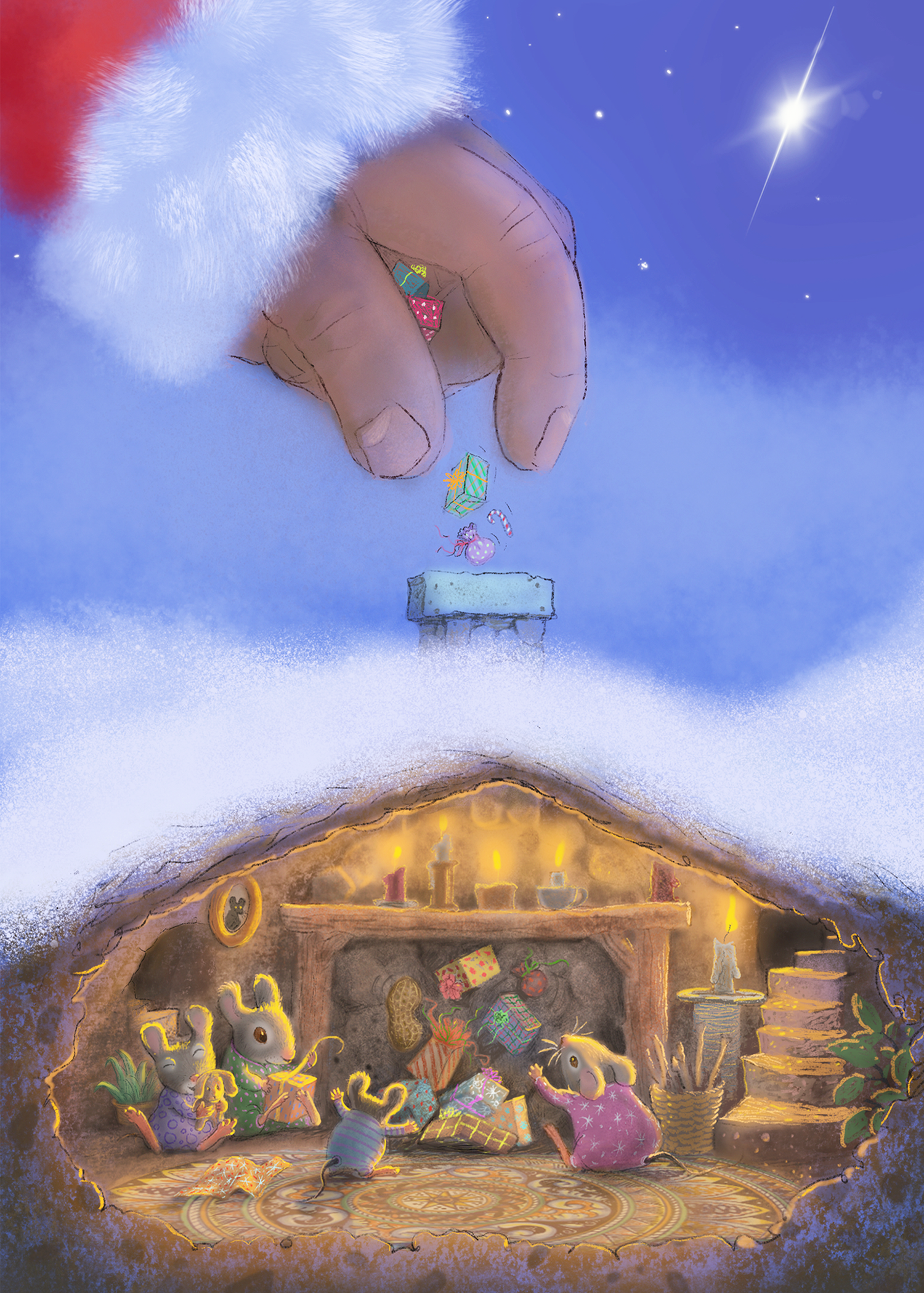 Jacqueline Rogers' digital painting of Santa's visit to a mouse borough on Christmas eve, with Santa's hand dropping presents down the chimney. Card is 5x7 inches.