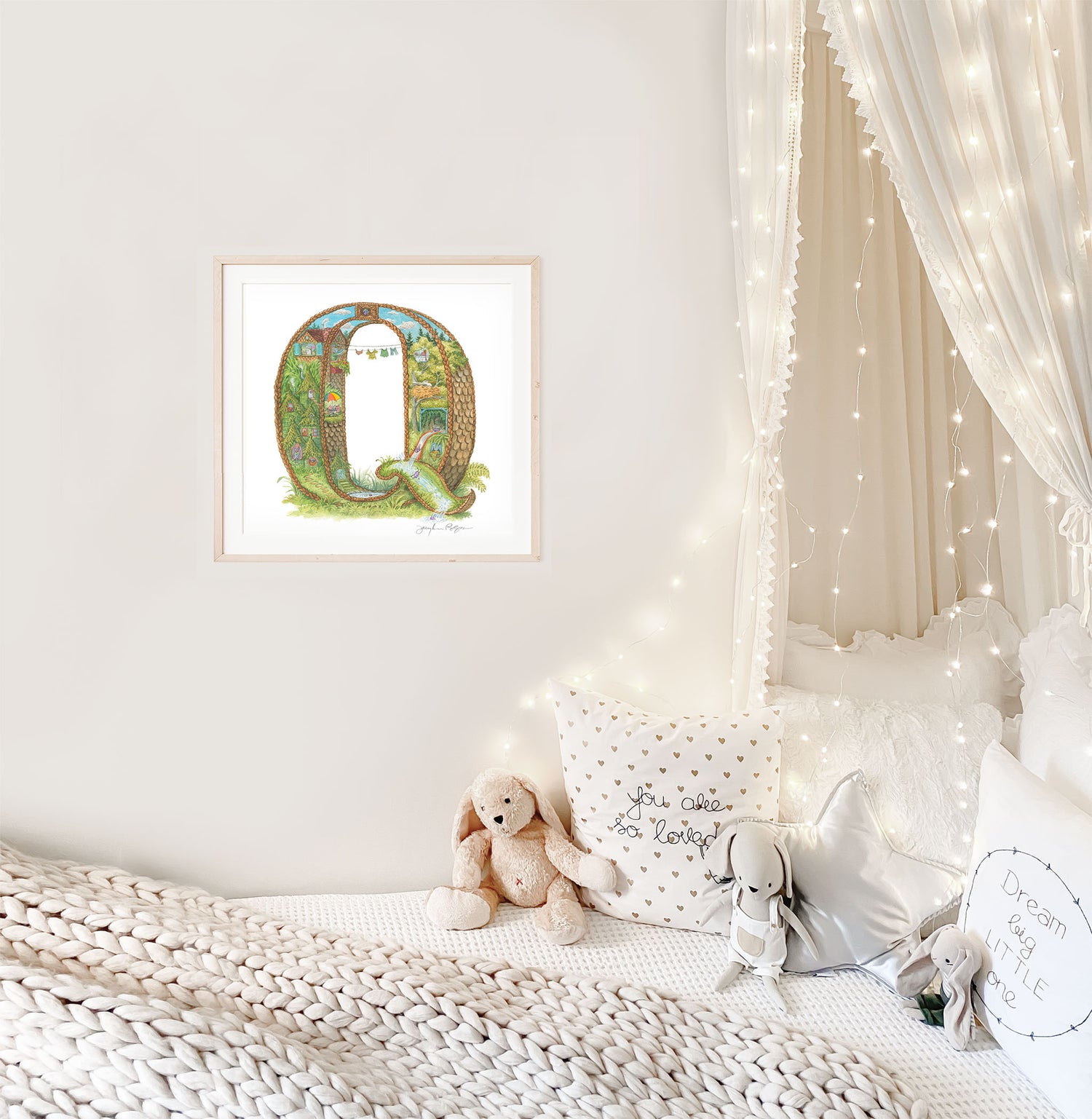 Highly detailed, whimsically painted print of Capital Q, 12x12 inch framed on the wall next to the bed in child bedroom.