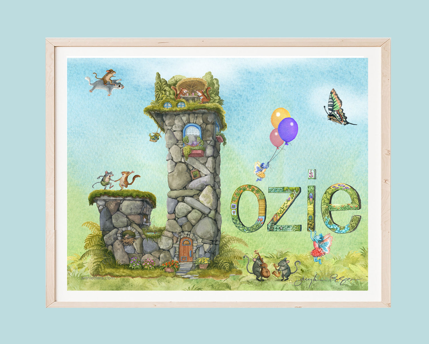 A 10x8 inch print of Jozie, with a detailed rock motif capital J, fairies, animals dancing and playing music, a mouse riding on a flying squirrel, on a green grass base with blue sky background.