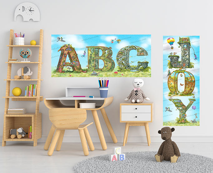 ABC and JOY prints on the wall in bedroom, with bookshelf and desk.