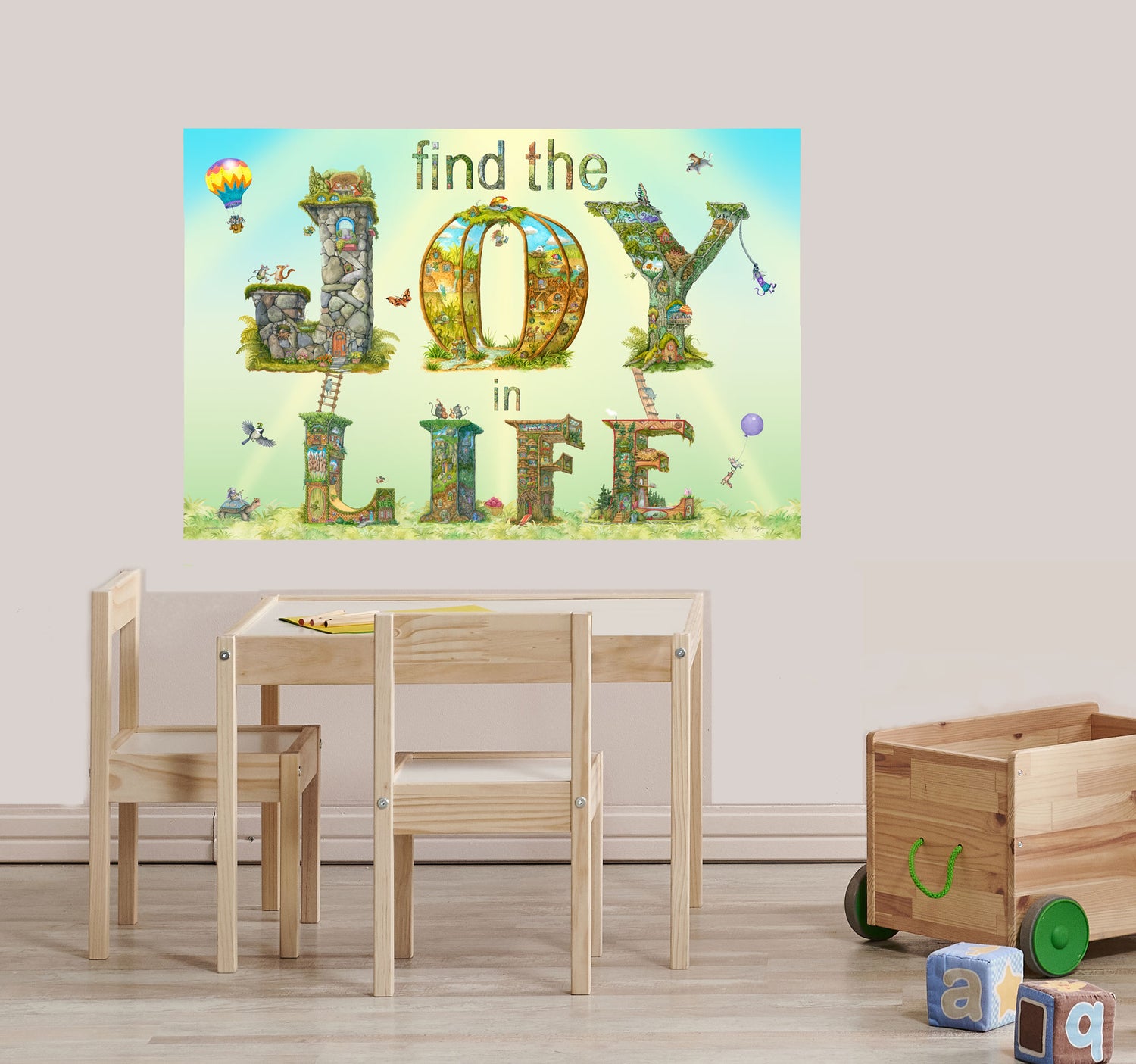 Capital Letters JOY in a 18 x 10 inch print with grass, blue sky, dancing, singing animals, fairies, mice in hot air balloon, a moth feasting on berries, a skateboarding mouse, fairies playing catch with a bug.