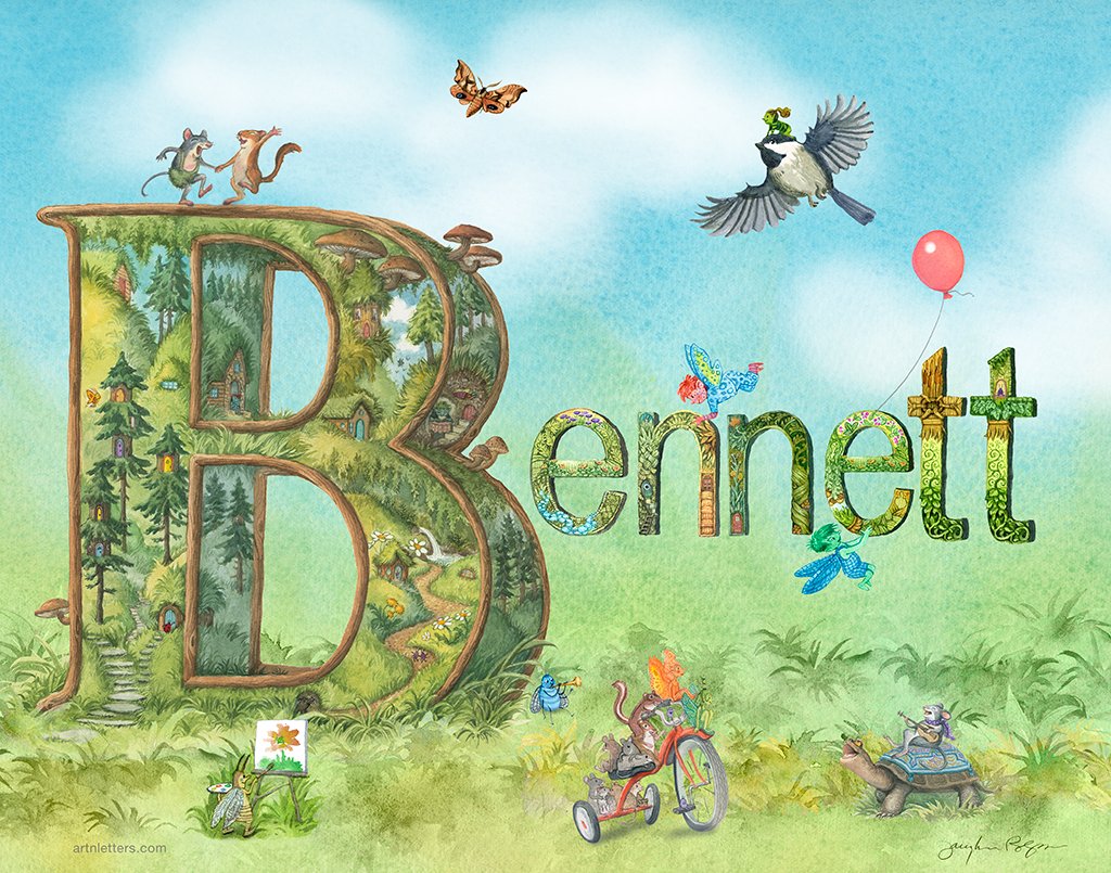 A 14x11 inch giclee print of the name Bennett with highly detailed colorful illustrated letters surrounded by animals, imps and fairies living it up. On a grassy field with a blue sky background.