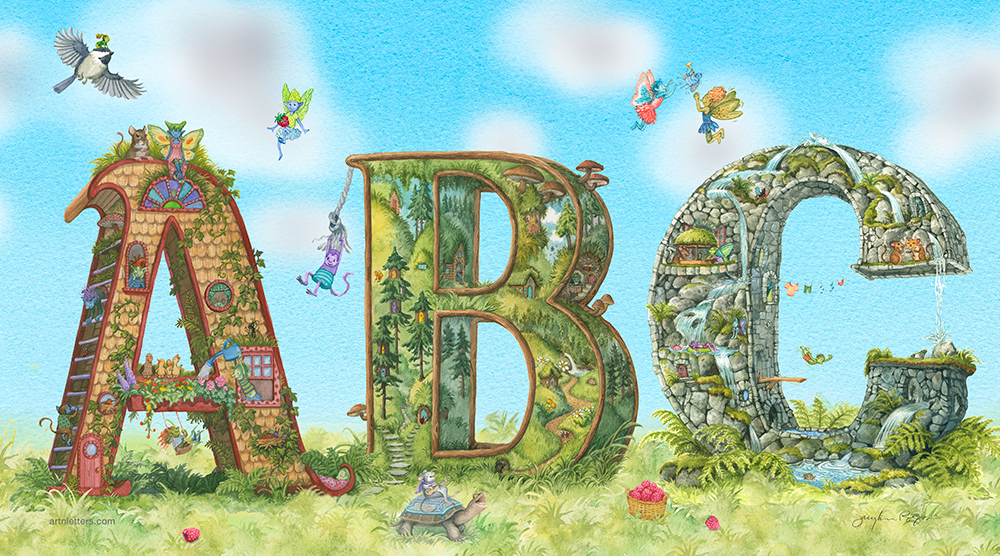 Highly detailed, colorful illustration of the capital letters ABC, in an 18x10 inch art print, on a grass base, blue sky, fairies, a singing turtle, imp swinging from a rope,fairies playing catch with a bug