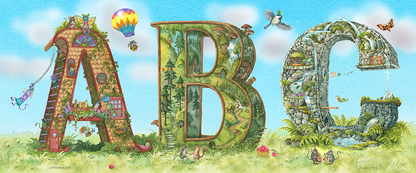 Highly detailed, colorful illustration of the capital letters ABC in an 24x10 inch art print, on a grass base, blue sky, fairies, a singing turtle, imp swinging from a rope, mice playing musical instruments, chipmunks dancing