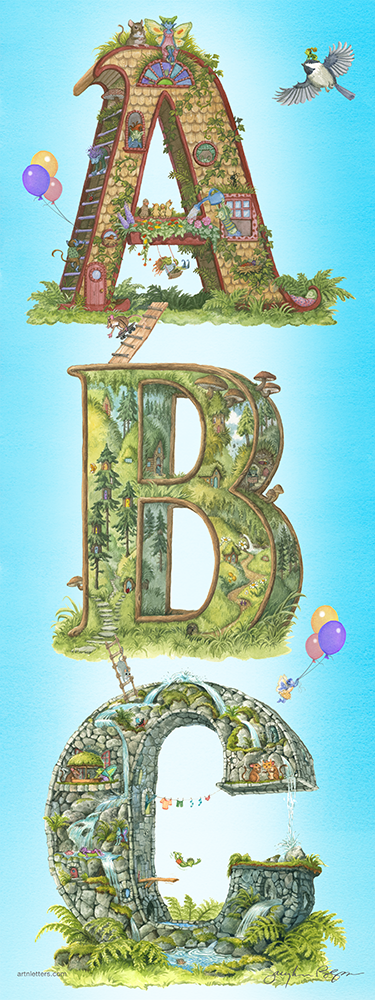 Highly detailed, colorful illustration of the capital letters ABC in a 9x24 inch print in vertical orientation, on a grass base, blue sky, fairies aloft on balloons, an imp riding on a chickadee