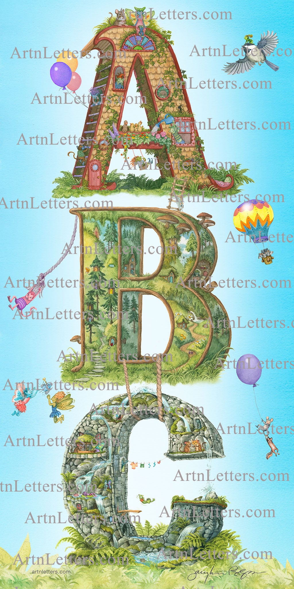 Highly detailed, colorful illustration of the capital letters ABC in a 9x18 inch print in vertical orientation, on a grass base, blue sky, an imp riding on a chickadee, mice in a hot air balloon, fairies playing catch with a bug