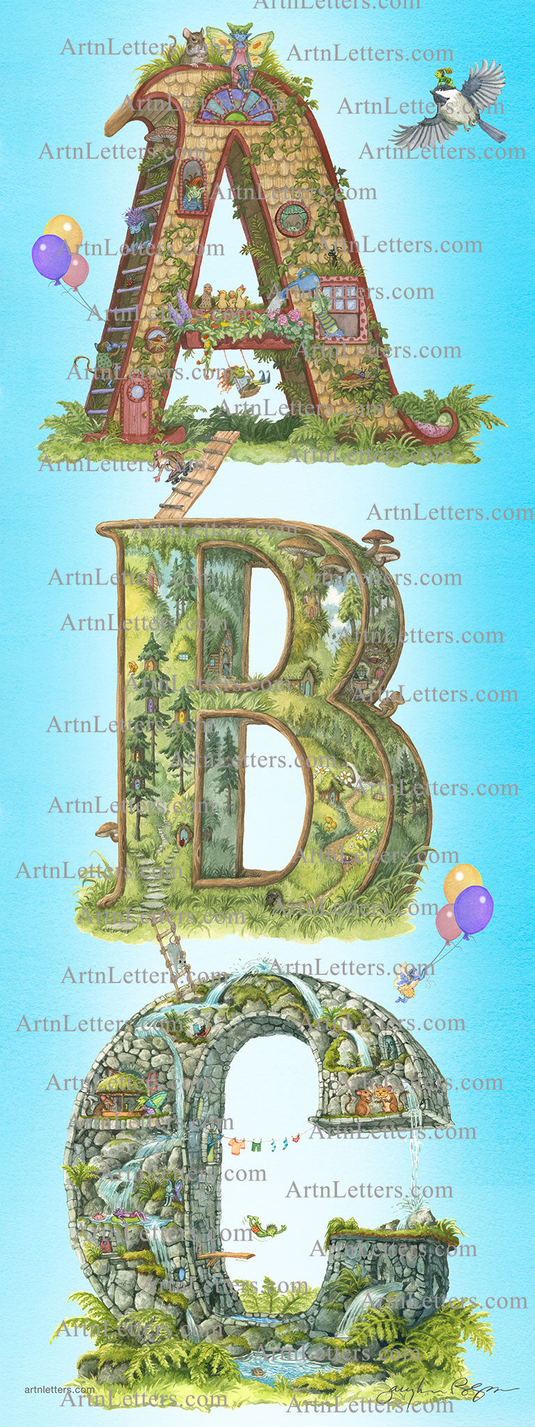 Highly detailed, colorful illustration of the capital letters ABC in a 9x24 inch print in vertical orientation, on a grass base, blue sky, fairies aloft on balloons, an imp riding on a chickadee