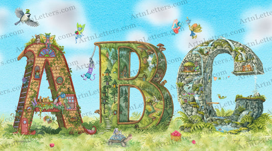 Highly detailed, colorful illustration of the capital letters ABC, in an 18x10 inch art print, on a grass base, blue sky, fairies, a singing turtle, imp swinging from a rope,fairies playing catch with a bug