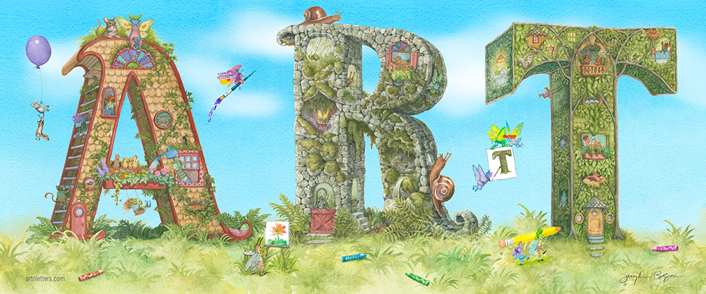 Highly detailed, colorful illustration of the capital letters spelling ART, in a 24x10 inch print on a grassy base with blue sky, fairies and animals painting, a fairy flying on a paintbrush, bugs carrying a large pencil, a mouse and chipmunk aloft holding a purple balloon