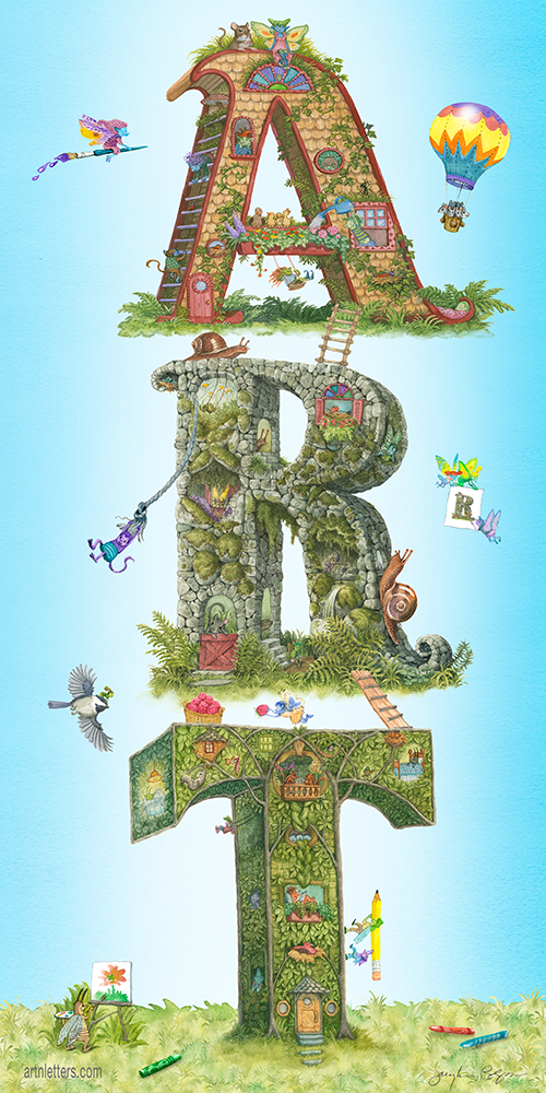 Highly detailed, colorful illustration of the capital letters spelling ART, in a 9x18 inch print, vertically displayed with detailed illustrations of animals, fairies, imps and art supplies having fun, an imp riding on a chickadee, a fairy flying on a paintbrush