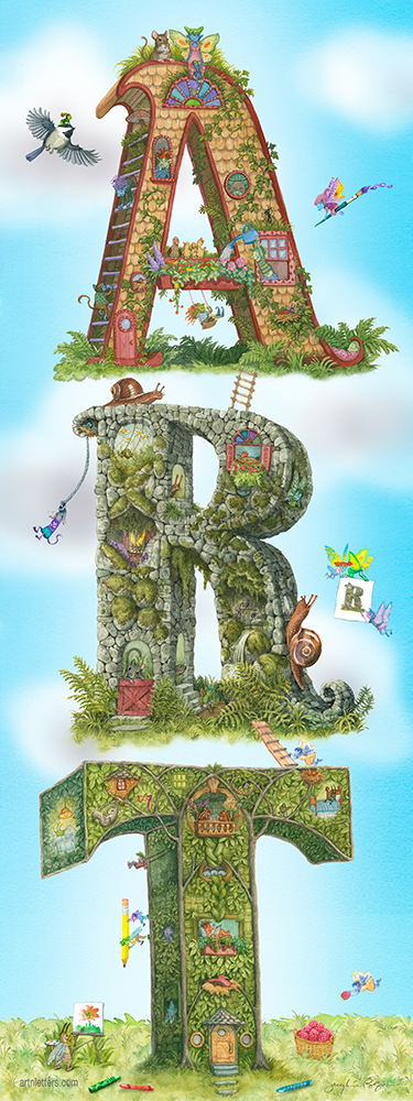 Highly detailed, colorful illustration of the capital letters spelling ART, in a 9x24 inch print, vertically displayed with detailed illustrations of animals, fairies, imps and art supplies having fun