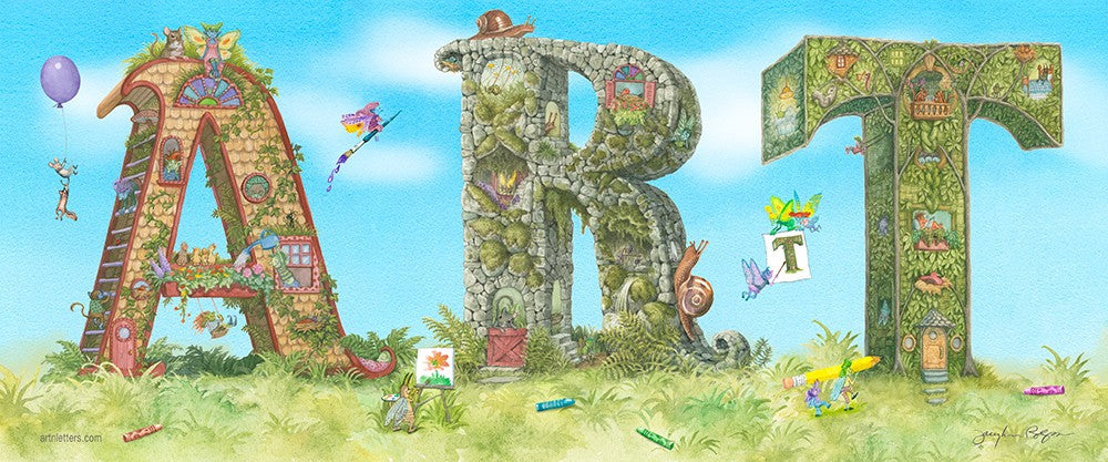 Colorful letters spelling 'ART' with garden-themed decorations against a blue sky.