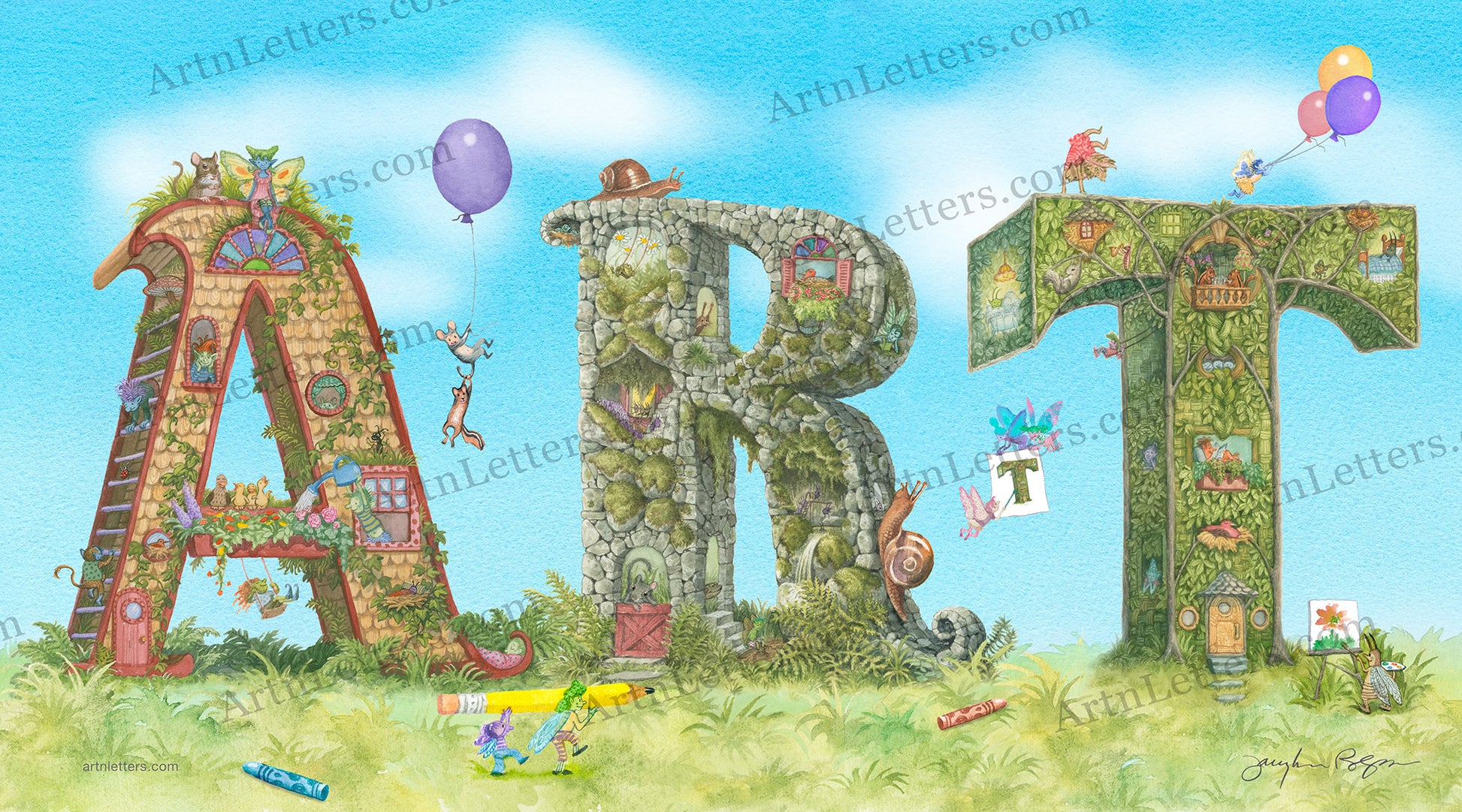 Highly detailed, colorful illustration of the capital letters ART in a 18x10 print on a grassy base with blue sky, a bug painting a flower, fairies carrying a pencil, critters aloft on a purple balloon