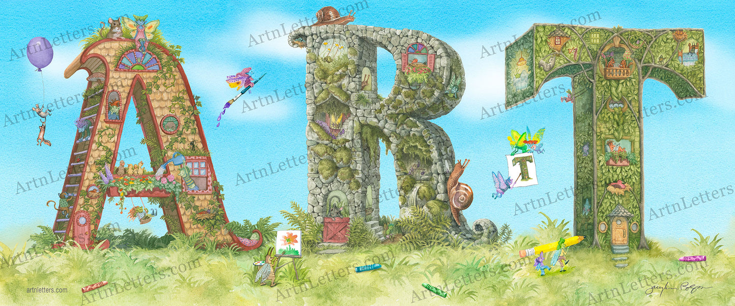 Highly detailed, colorful illustration of the capital letters spelling ART, in a 24x10 inch print on a grassy base with blue sky, fairies and animals painting, a fairy flying on a paintbrush, bugs carrying a large pencil, a mouse and chipmunk aloft holding a purple balloon