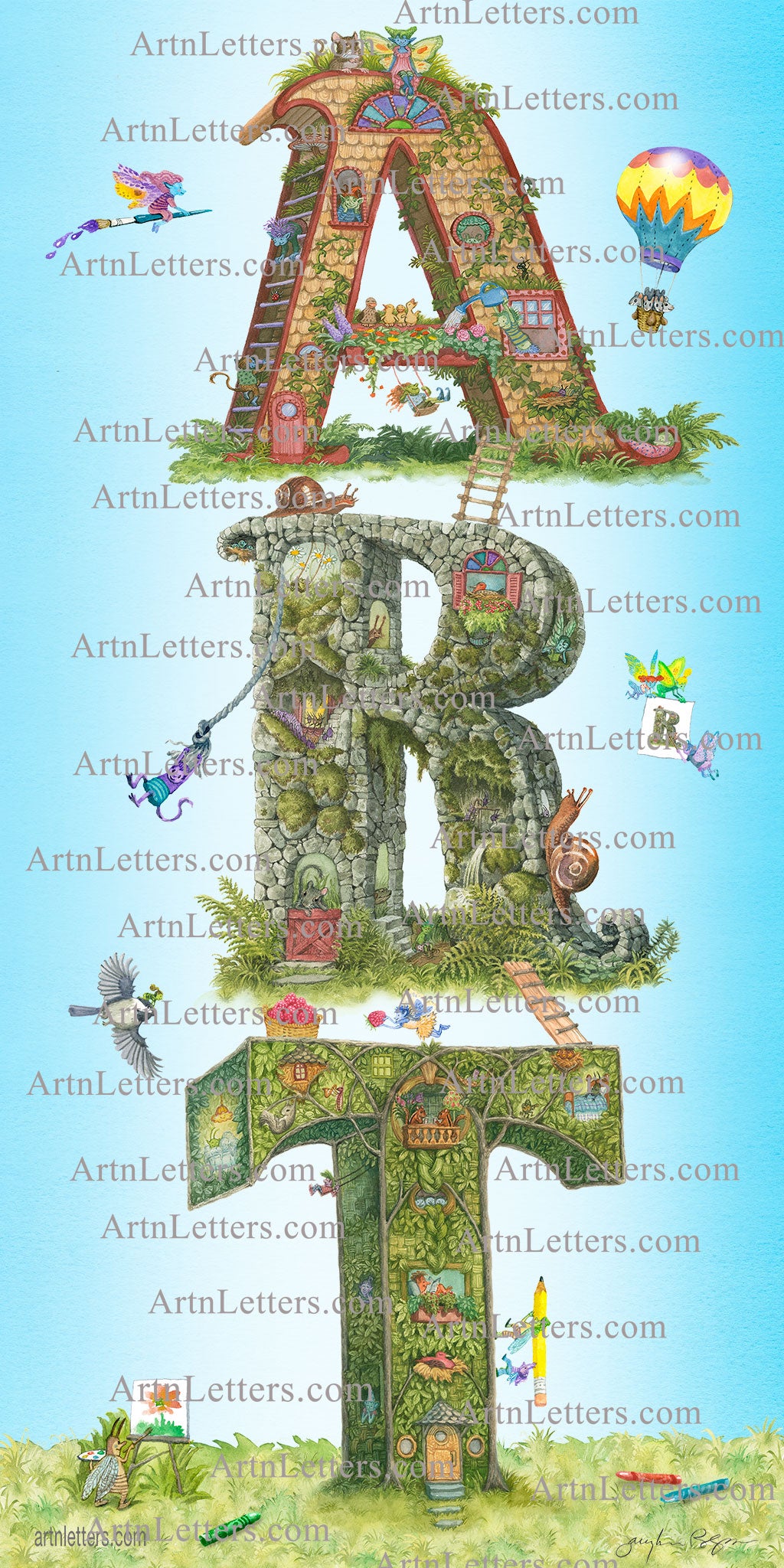 Highly detailed, colorful illustration of the capital letters spelling ART, in a 9x18 inch print, vertically displayed with detailed illustrations of animals, fairies, imps and art supplies having fun, an imp riding on a chickadee, a fairy flying on a paintbrush