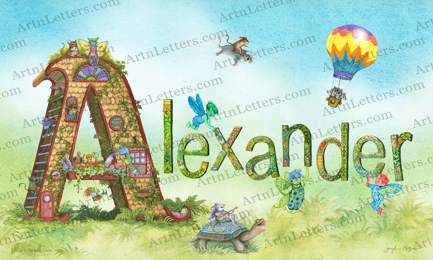 An 18x11 inch print of the name Alexander, with a highly detailed capital A, inhabited by animals, bugs and imps, singing, swinging and napping. Lower case letters, each unique, with detailed floral patterns, some held aloft by fairies. A mouse playing guitar rides a turtle & more, on a green grassy base and a beautifully painted blue sky background, with fluffy white clouds.