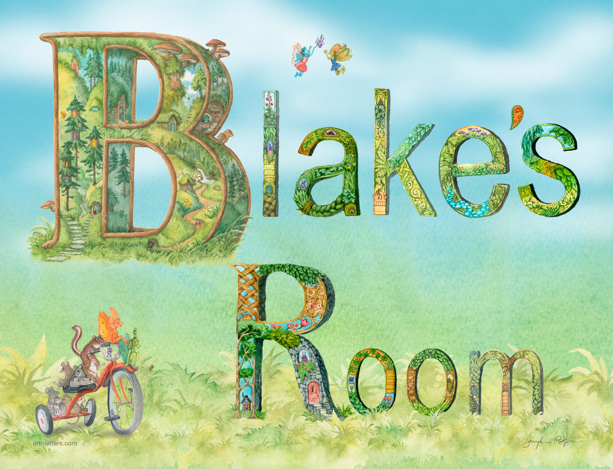 Decorative text 'Blake's Room' with colorful illustrations on a blue and green gradient background.