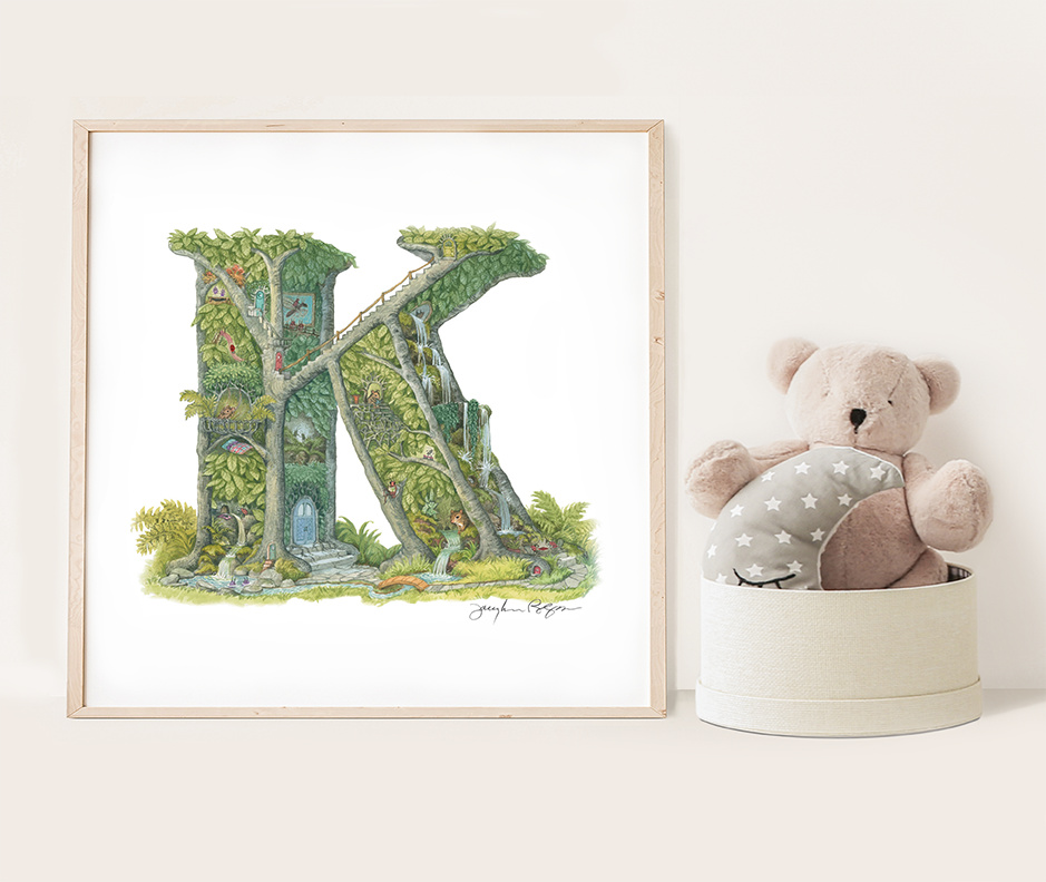 Highly detailed illustrated capital K, on white background, framed in light wood frame next to teddy bear.