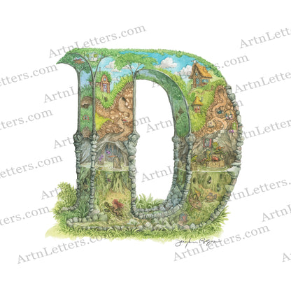 Highly detailed, colorful illustration of capital letter D