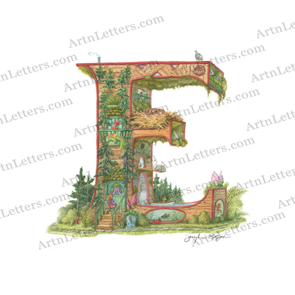 Highly detailed, colorful illustration of capital letter E