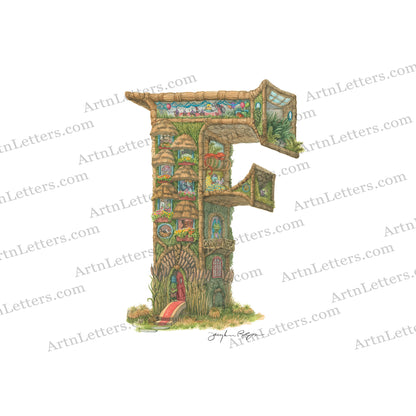 Highly detailed, colorful illustration of capital letter F