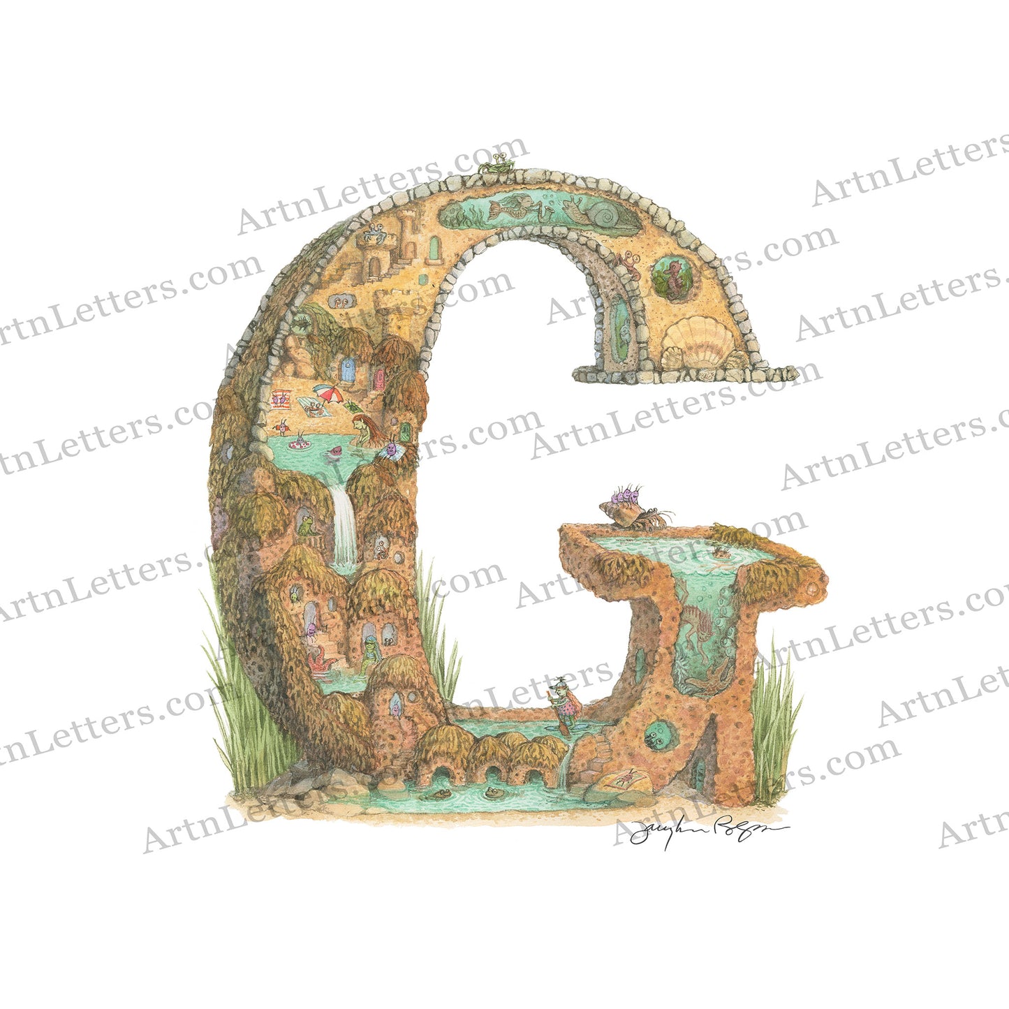 Highly detailed, colorful illustration of capital letter G