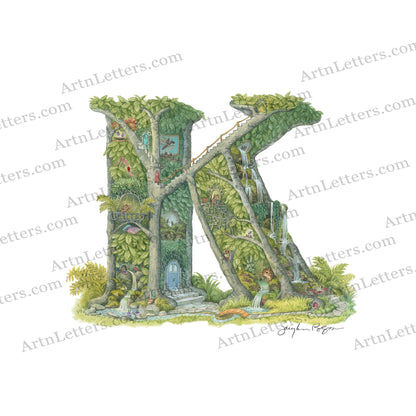 Highly detailed, colorful illustration of capital letter K