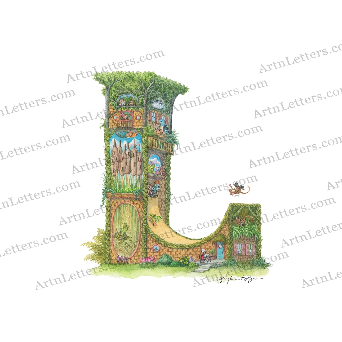 Highly detailed, colorful illustration of capital letter L