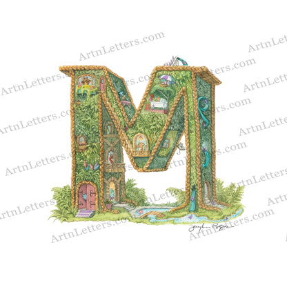 Highly detailed, colorful illustration of capital letter M