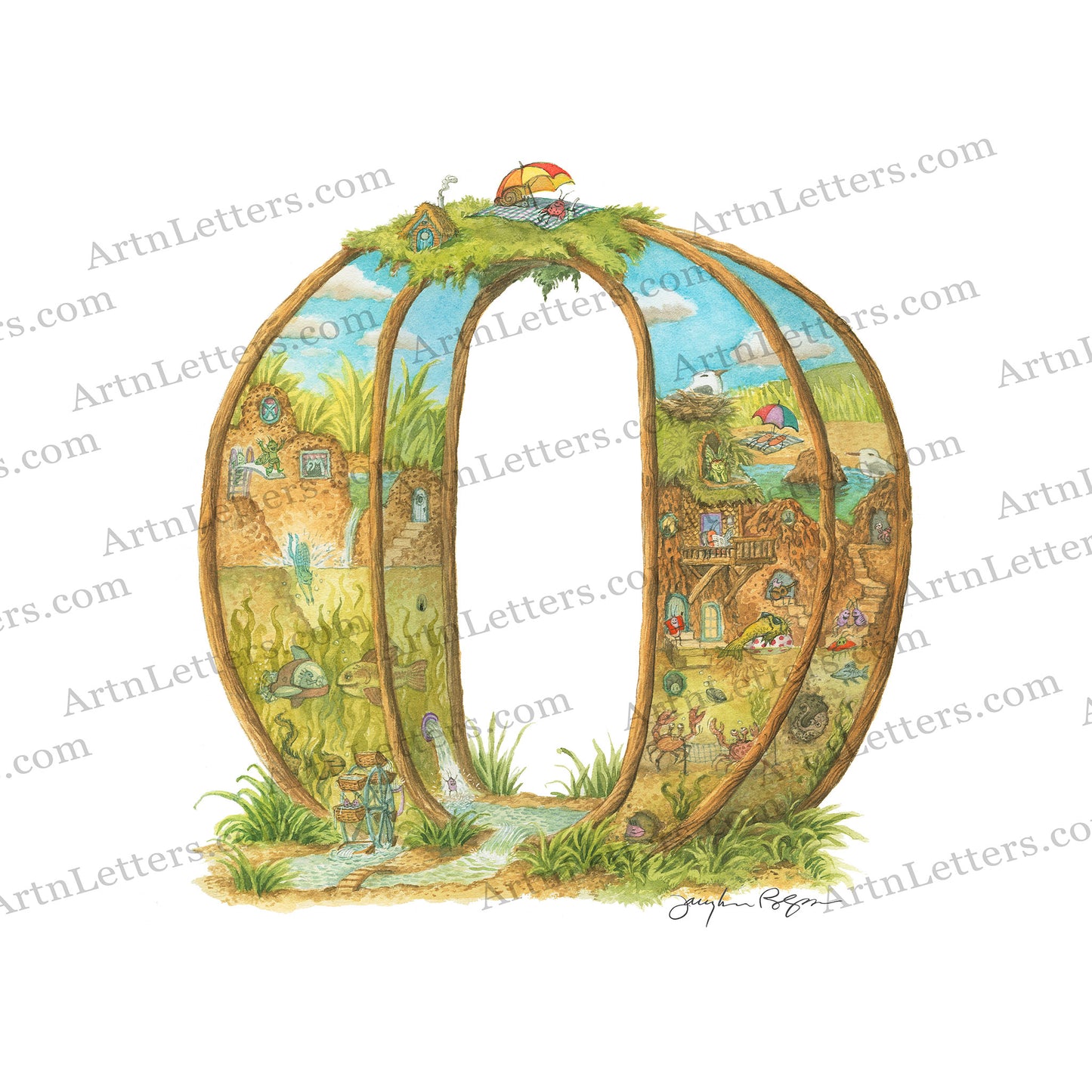 Highly detailed, colorful illustration of capital letter O