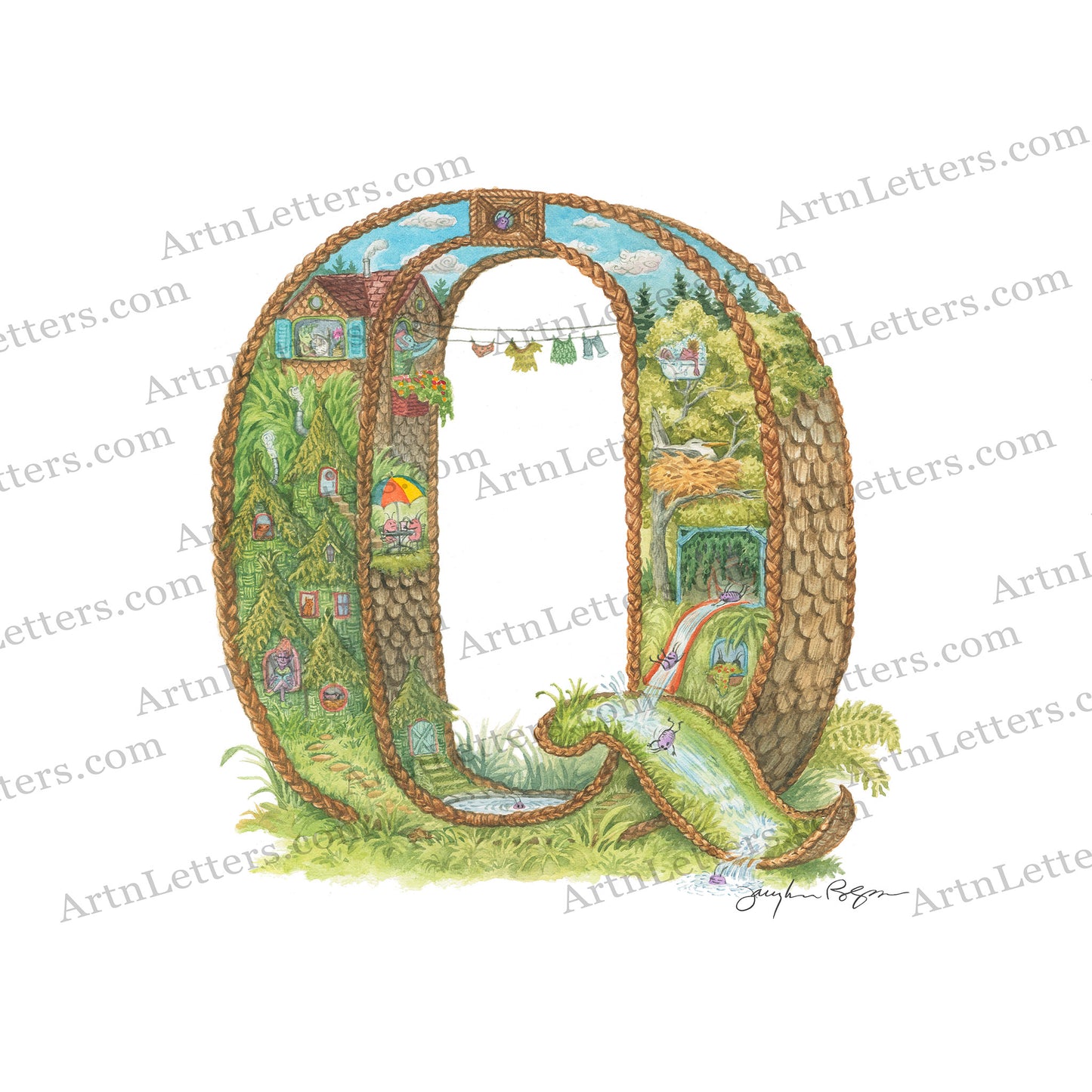 Highly detailed, colorful illustration of capital letter Q