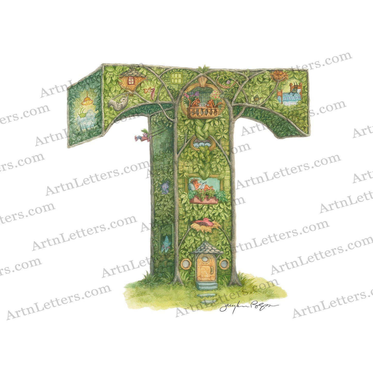 Highly detailed, colorful illustration of capital letter T