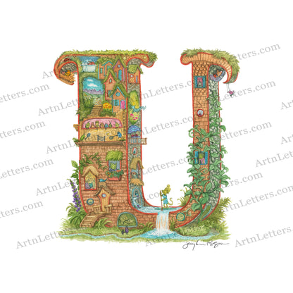 Highly detailed, colorful illustration of capital letter U