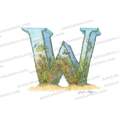 Highly detailed, colorful illustration of capital letter W