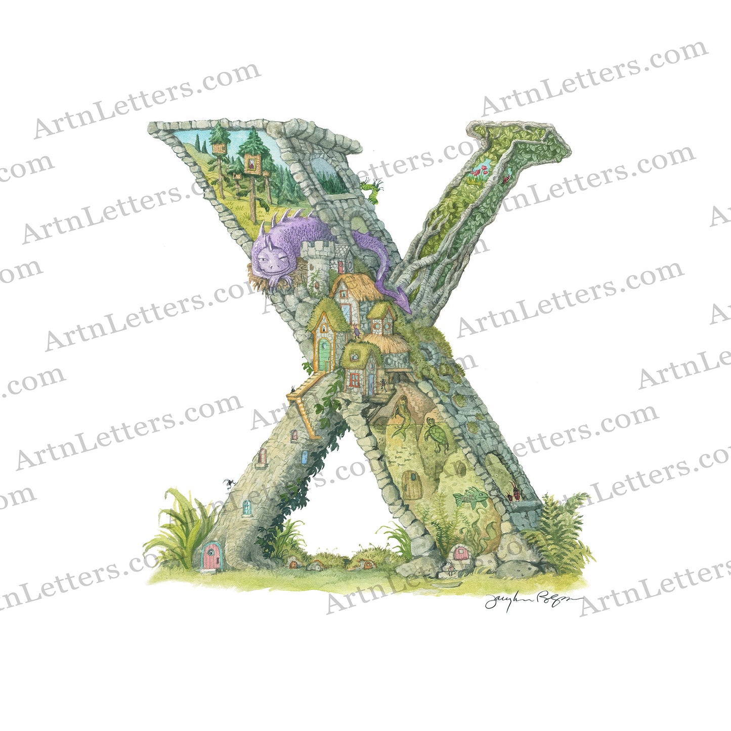 Highly detailed, colorful illustration of capital letter X