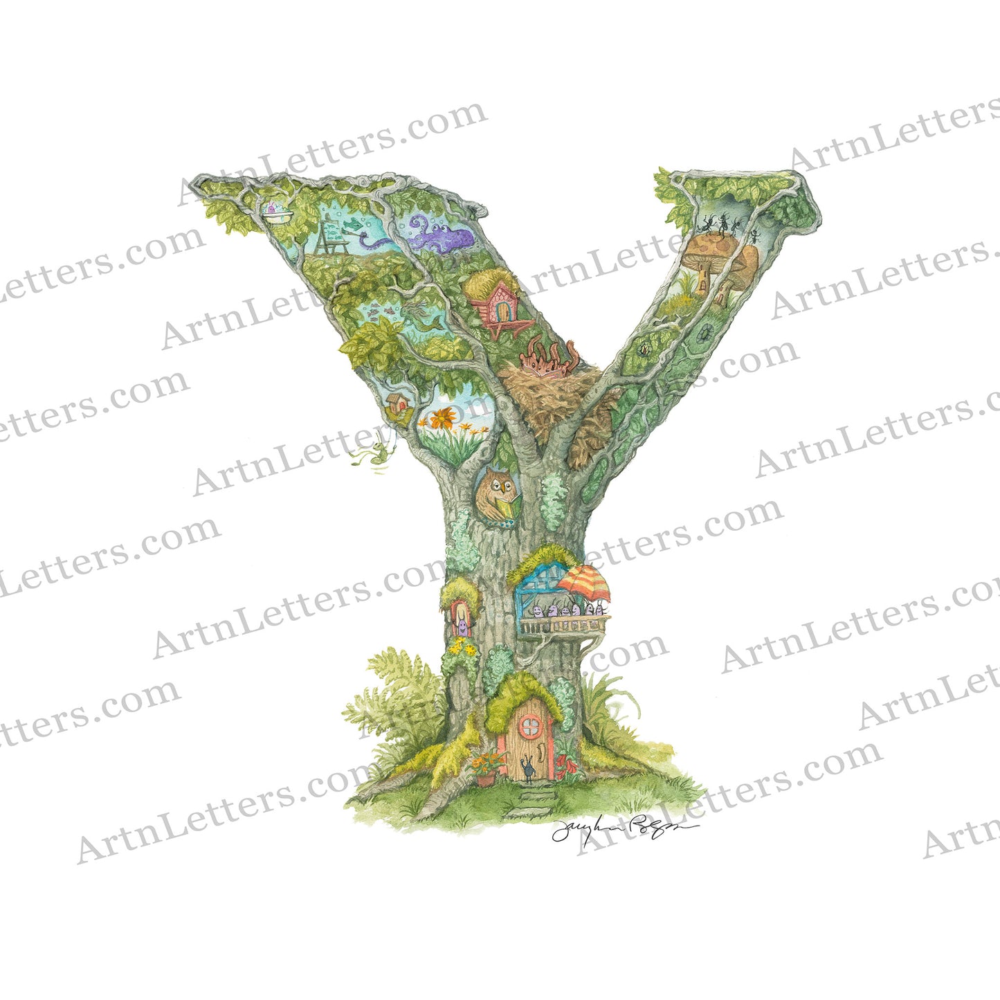 Highly detailed, colorful illustration of capital letter Y