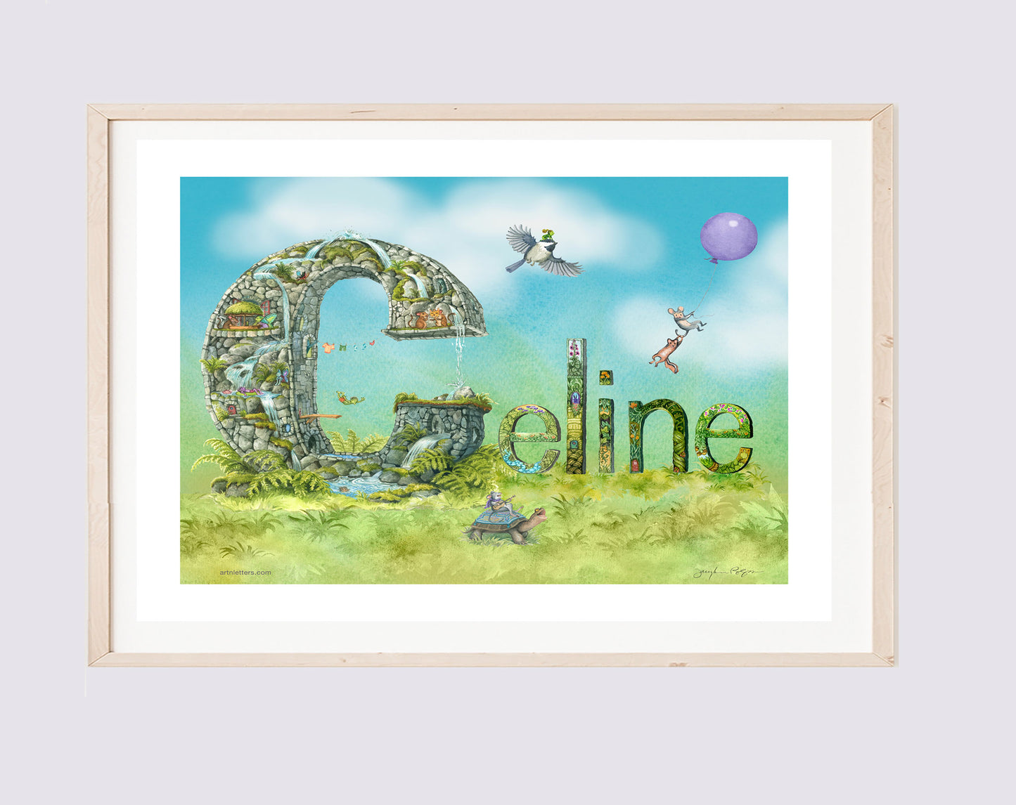 The name Celine with a highly detailed illustrated capital C, detailed lower case letters with floral motif, on a grassy field with blue sky background