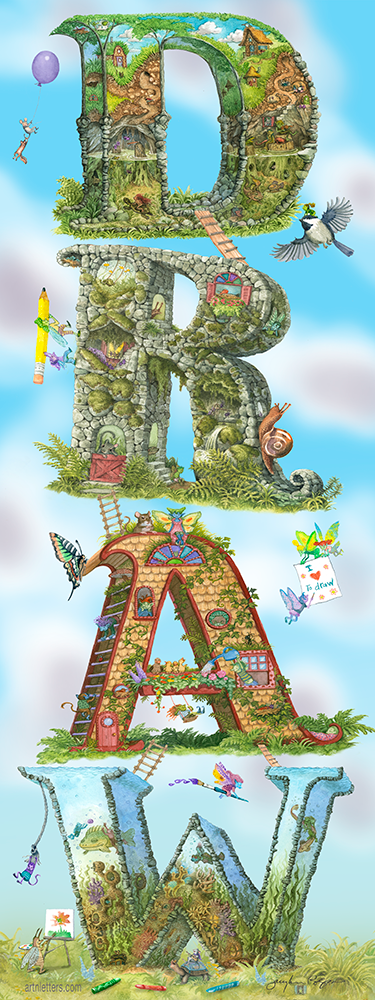 Highly detailed, colorful illustration of the capital letters DRAW, 9x24 inches, in vertical orientation, an imaginative world of fairies, animals and imps drawing, painting and flying in celebration of fun and adventure, an imp riding on a flying chickadee, a fairy flying on a paintbrush, a colorful moth