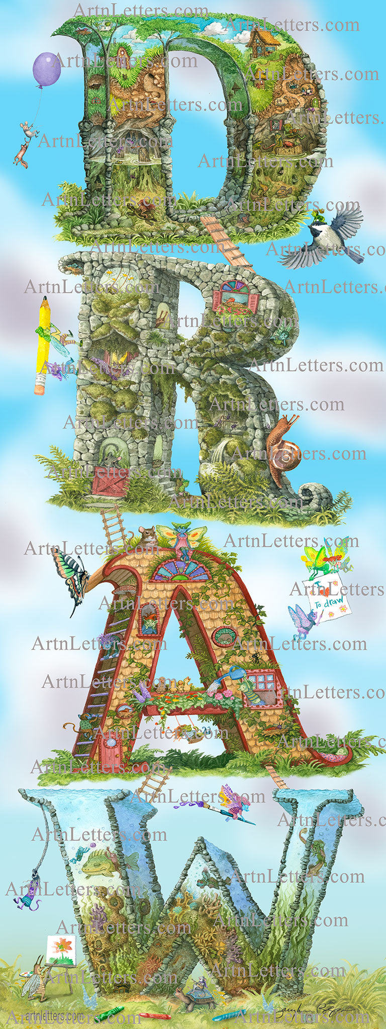 Highly detailed, colorful illustration of the capital letters DRAW, 9x24 inches, in vertical orientation, an imaginative world of fairies, animals and imps drawing, painting and flying in celebration of fun and adventure, an imp riding on a flying chickadee, a fairy flying on a paintbrush, a colorful moth