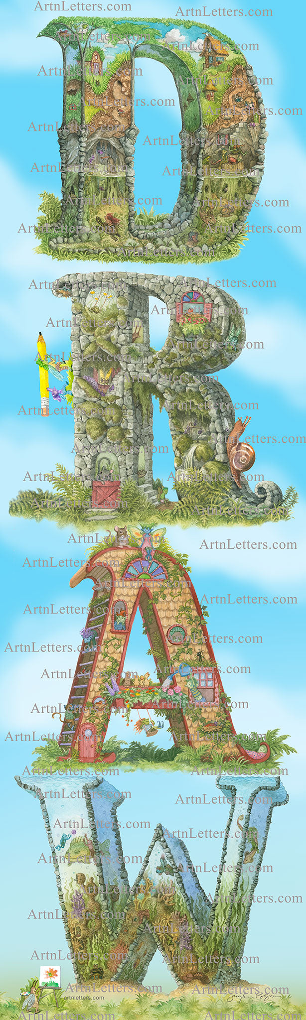 Highly detailed, colorful illustration of the capital letters DRAW, 9x30 inches, in vertical orientation, an imaginative world of fairies, animals and imps drawing and painting in celebration of life, two imps carrying a large pencil up the side of the capital R.