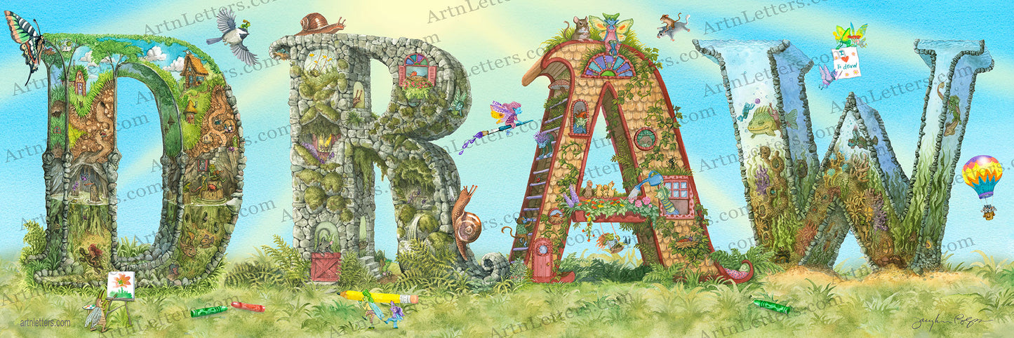 Highly detailed, colorful illustration of the capital letters DRAW, 30x10 inches, an imaginative world of fairies, animals and imps drawing, painting and flying in celebration of fun and adventure, a colorful moth, mice flying in a hot air balloon