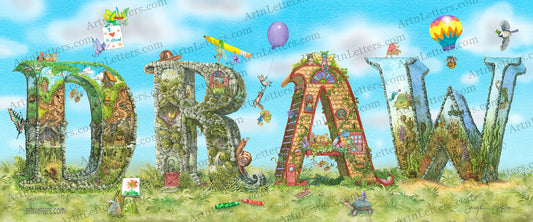 Highly detailed, colorful illustration of the capital letters DRAW, 24x10 inches, an imaginative world of fairies, animals and imps drawing, painting and flying in celebration of fun and adventure, a guitar playing mouse riding on a turtle, colorful crayons on the ground