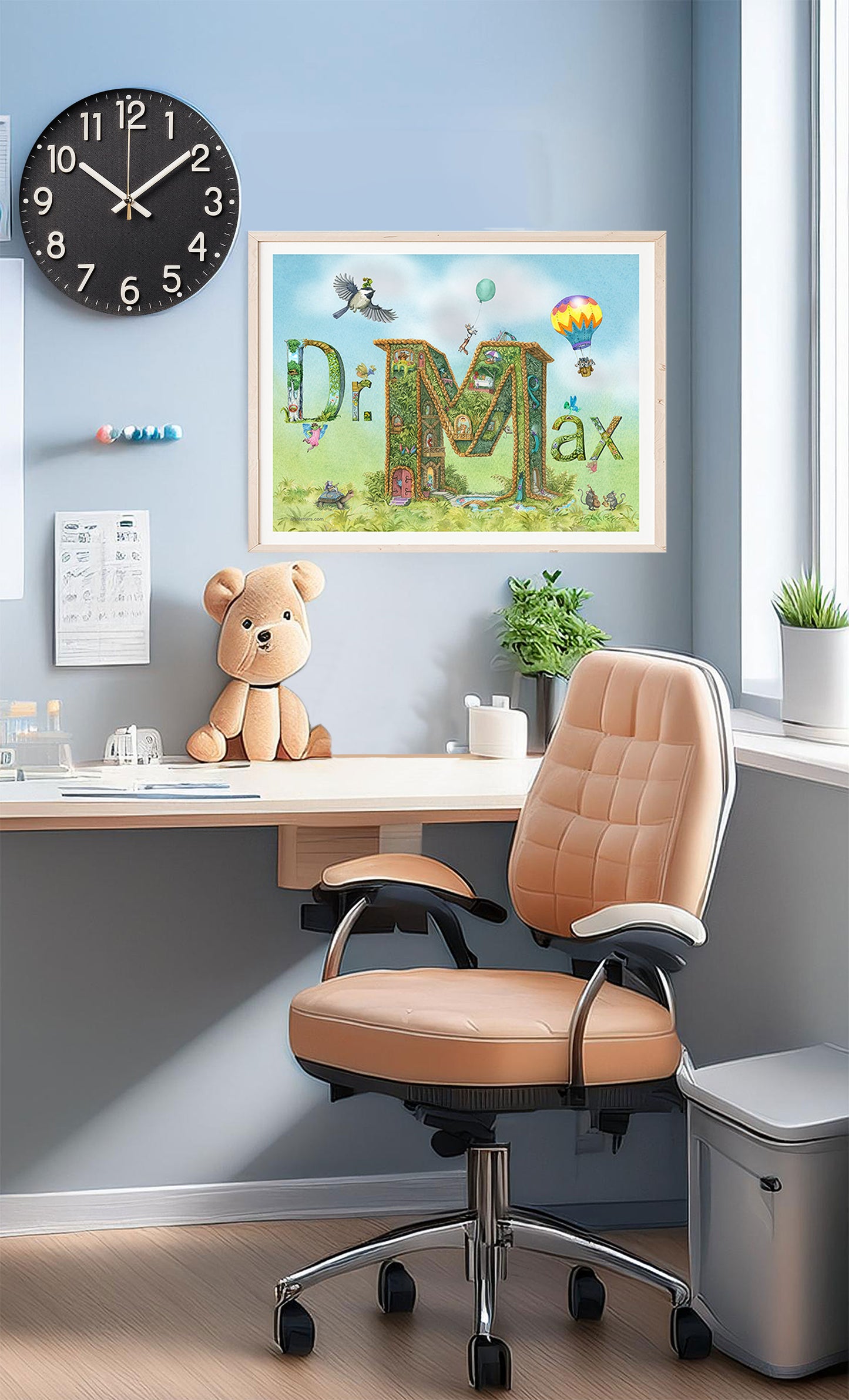 A 13x10 inch framed print of Dr. Max in a doctor's office