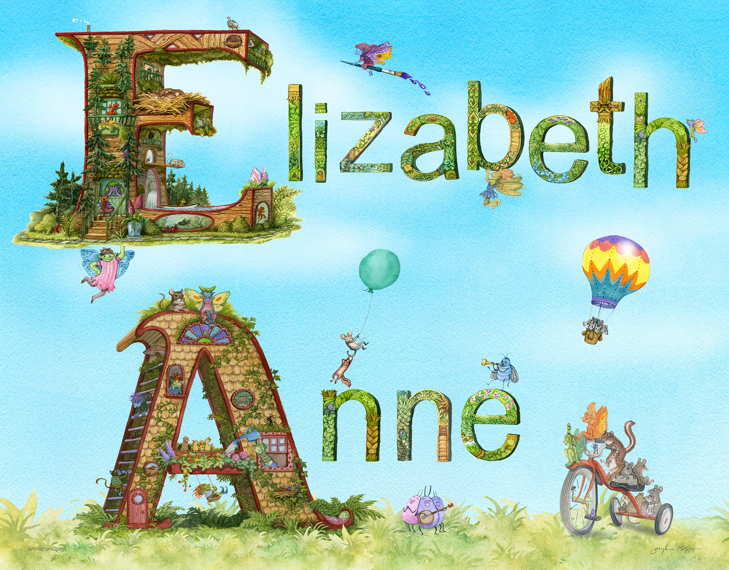 A 23x18 inch print of the name Elizabeth Anne on a grass base, with blue sky background, and fairies and animals living it up.