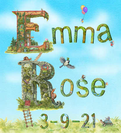 A 20x22 inch print of the name Emma Rose, with a highly detailed capital E and R, inhabited by animals, fairies, and imps living their best lives, followed by lower case letters, each unique, with detailed floral patterns, some held aloft by fairies. A mouse playing guitar rides a turtle & more. The date of birth, 3-9-21 is beneath, on a green grassy base and a beautifully painted blue sky background, with fluffy white clouds.