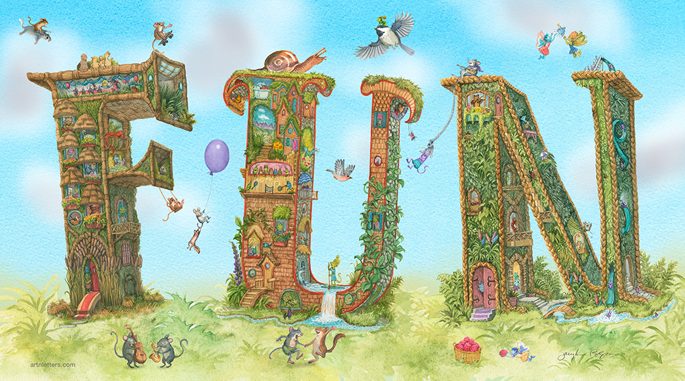 Highly detailed, colorful illustration of the capital letters FUN, in a 18"x 10" art print, animals dancing, playing music, fairies play catch with a bug, a chipmunk flying on a squirrel, mice in a hot air balloon