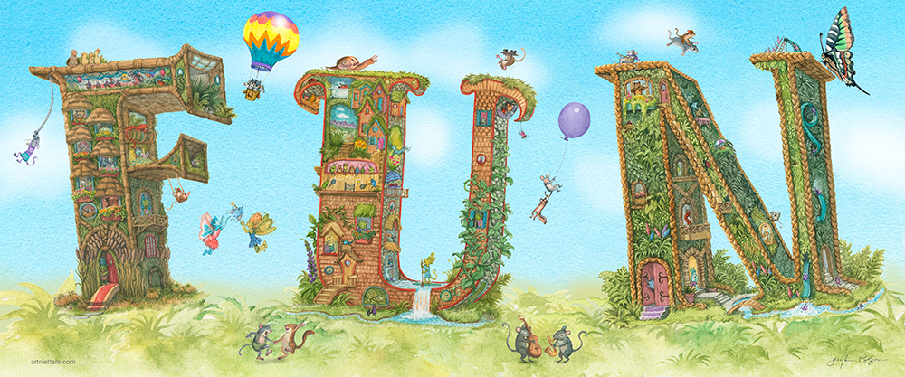 Highly detailed, colorful illustration of the capital letters FUN in a 24"x 10" art print, with animals dancing, playing music, fairies play catch with a bug, a chipmunk flying on a squirrel, mice in a hot air balloon